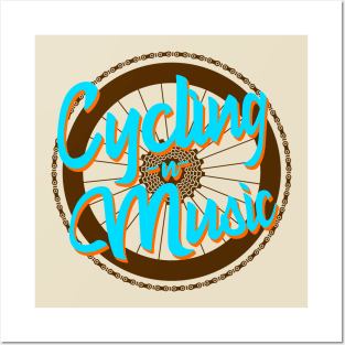 Cycling and music lettering design over a bicycle wheel and chains Posters and Art